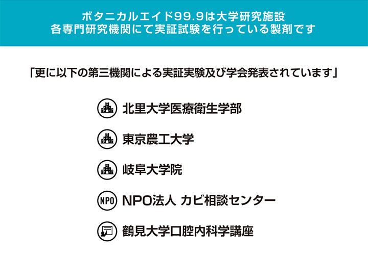 ボタニカルエイド99.9は大学研究施設、各専門機関にて実証試験を行っている製剤です。